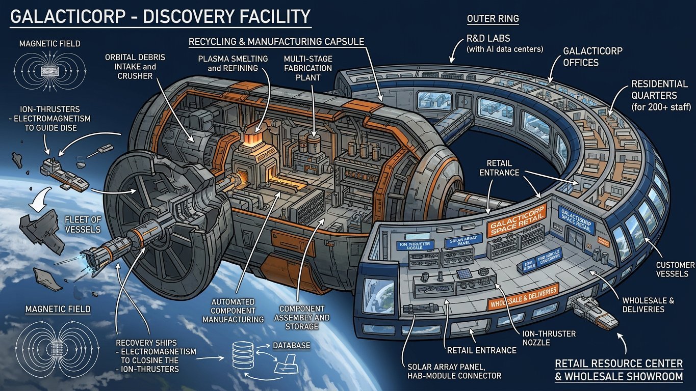 Discovery Facility cutaway &mdash; R&D labs, AI data centers, recycling and manufacturing capsule
